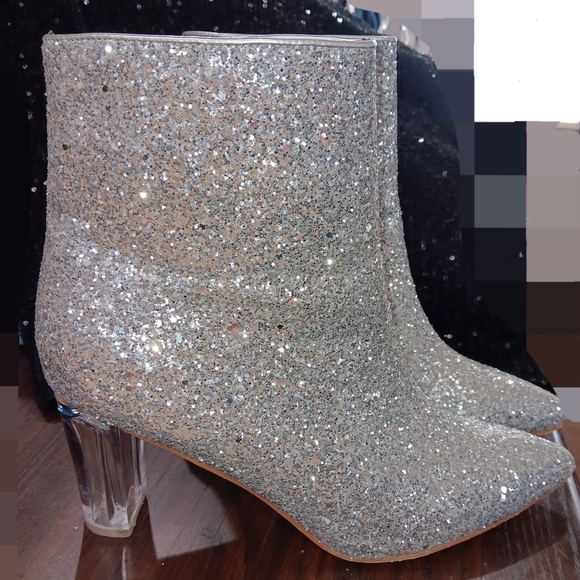 Allegra K Shoes - Allegra K Silver Glitter Ankle Booties with Clear Block Heel